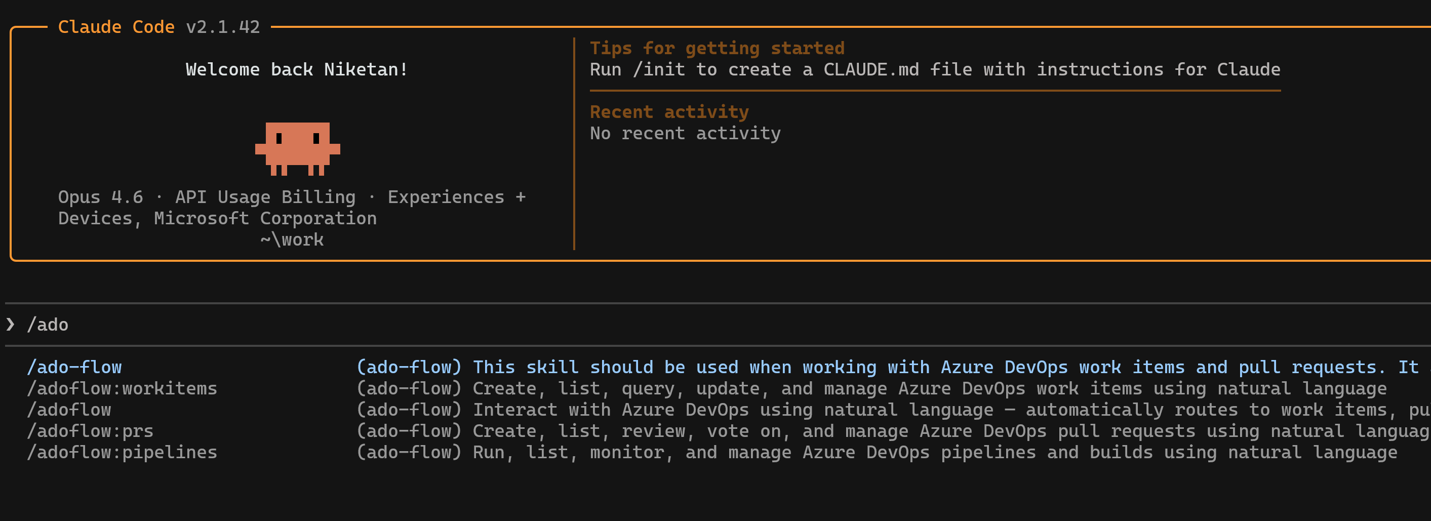 ado-flow plugin showing slash commands in Claude Code — /ado-flow, /adoflow:workitems, /adoflow, /adoflow:prs, and /adoflow:pipelines